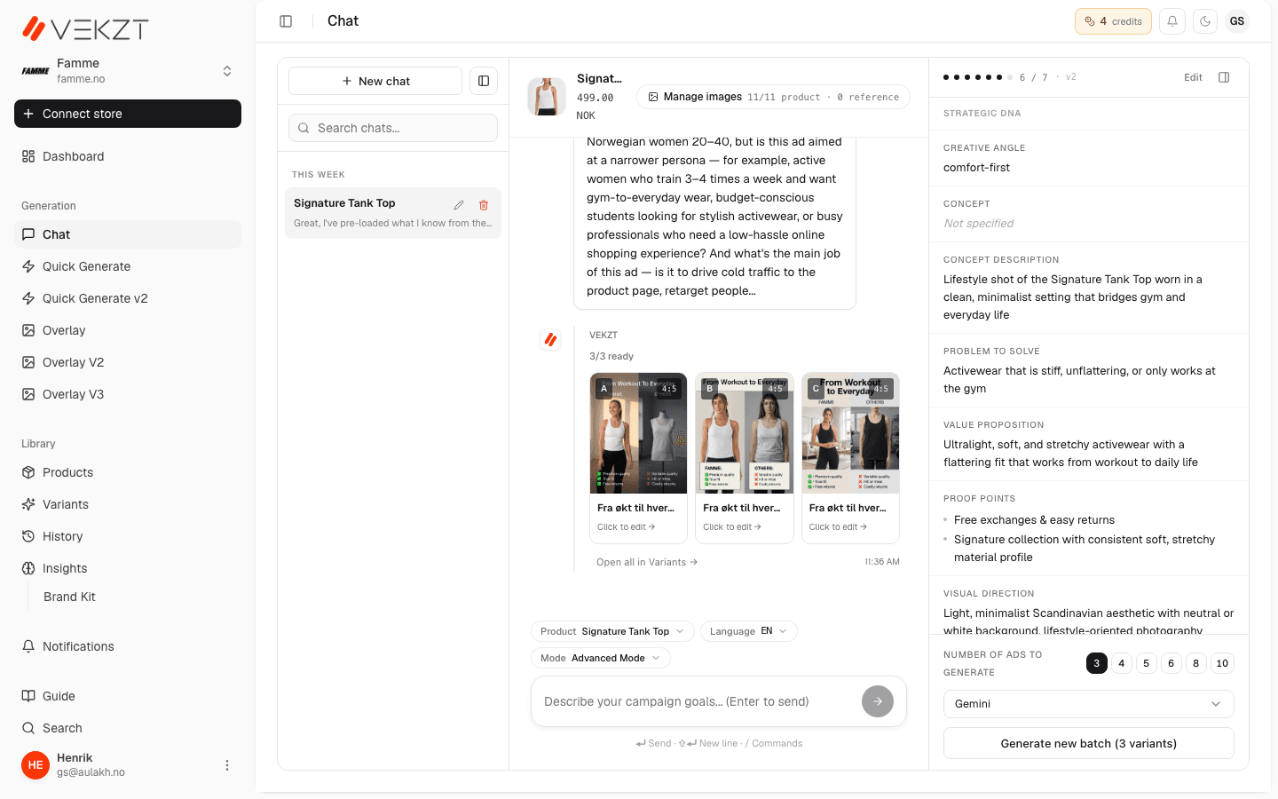 Building a creative brief in VEKZT chat, with the Strategic DNA panel and generated ad variants shown inline