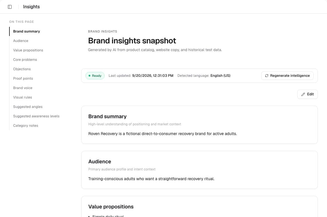Brand Insights product interface showing a sample brand’s voice and audience
