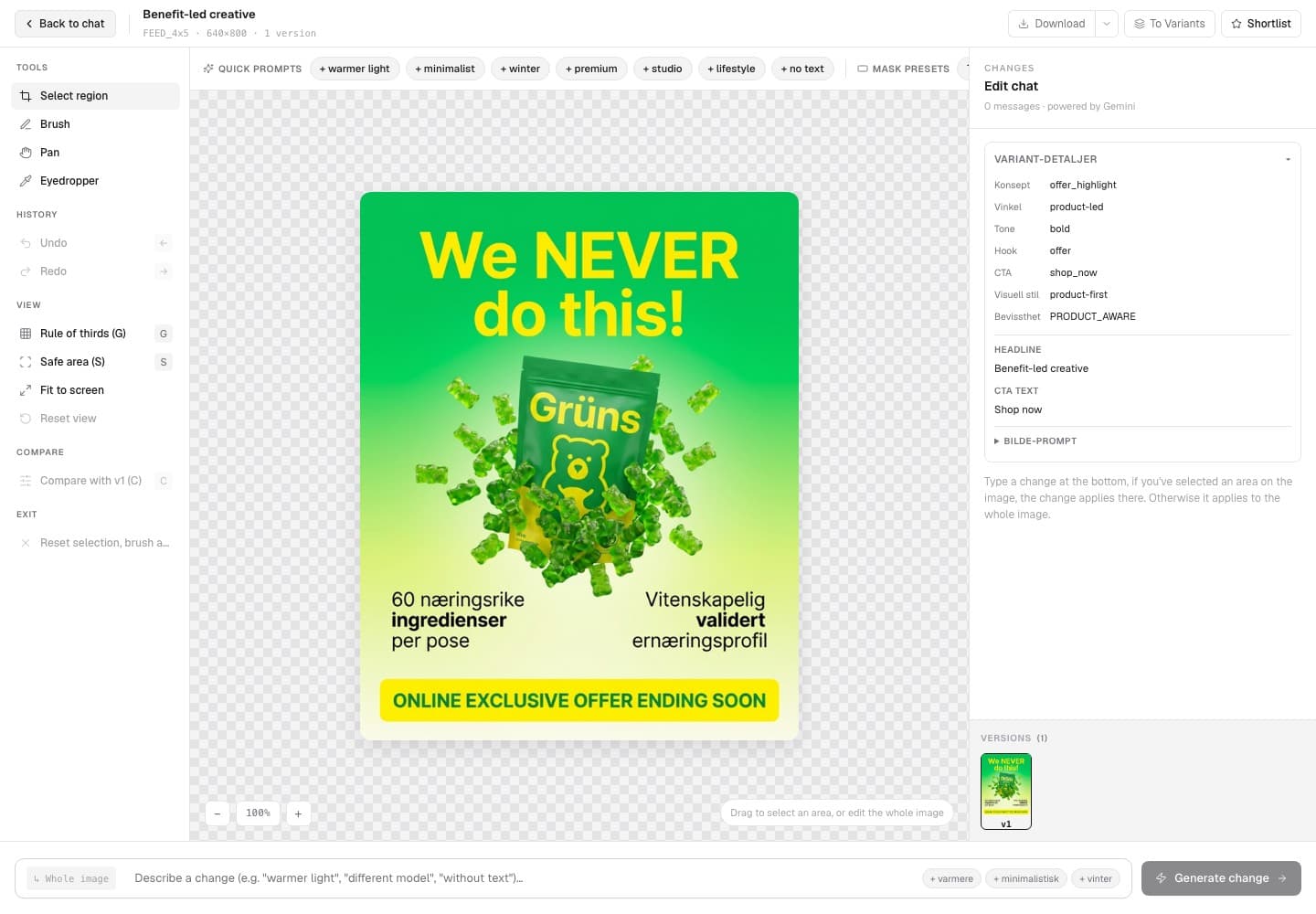 VEKZT Canvas editing a Grüns ad with selection tools and edit chat