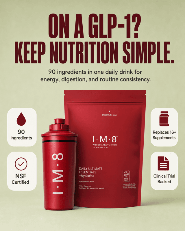 Illustrative I.M.8 daily nutrition drink and shaker creative made in VEKZT