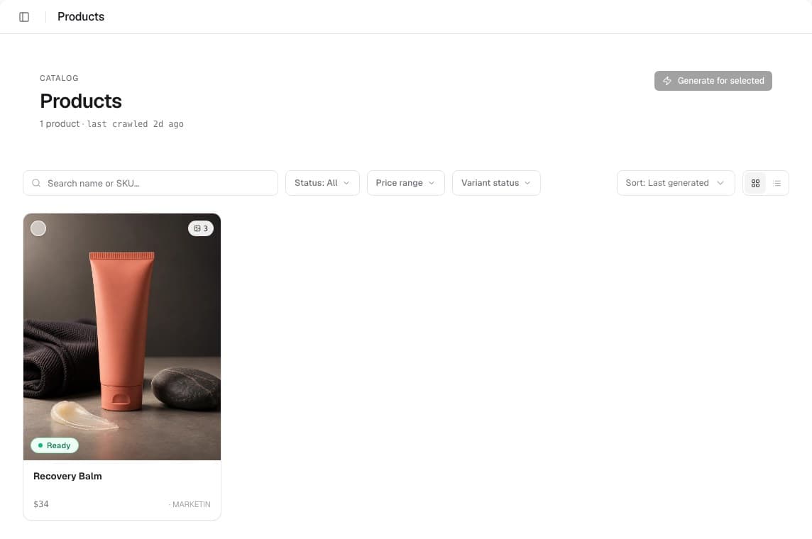 A product catalog connected to the VEKZT creative workflow