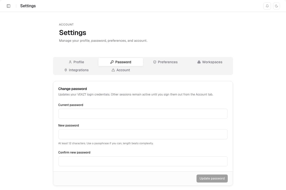 The password security tab in VEKZT settings